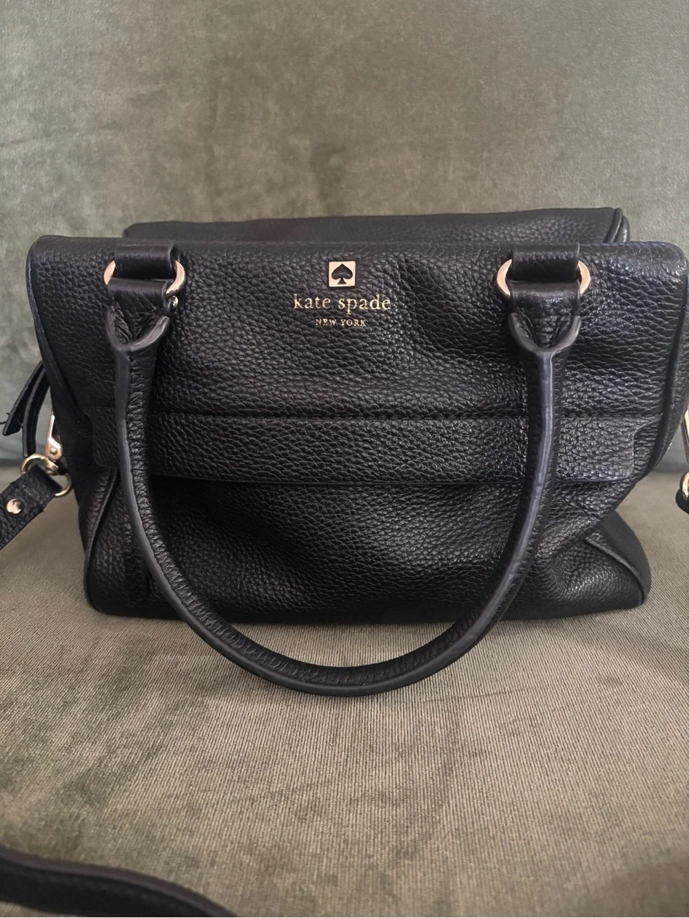 kate spade Black Pebbled Leather Satchel with Gold Logo